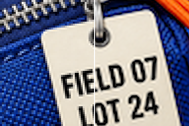 A 96 by 64 pixel region of a blue pouch product photo: the left half its own source pixels, the right half enlarged 4 times by MacnifyIt with Exact